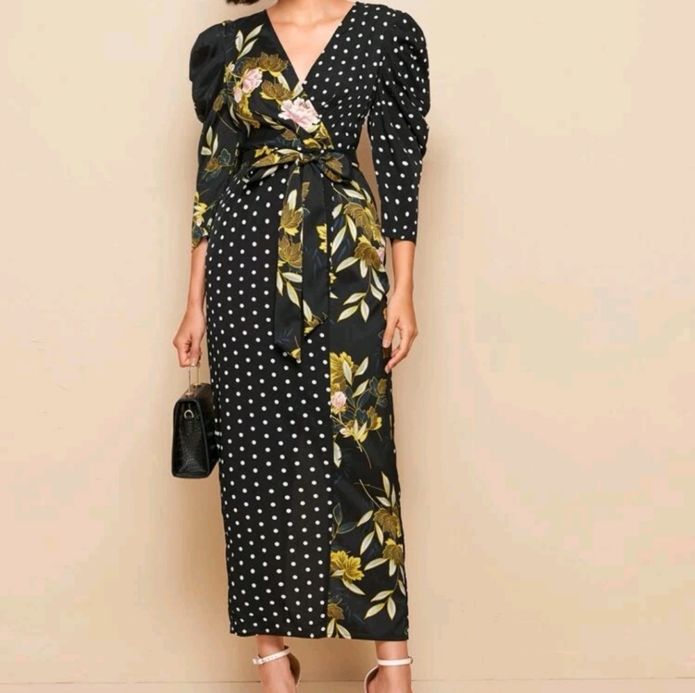 (5 for $25) Gigot sleeve belted split back mixed print dress- Size S